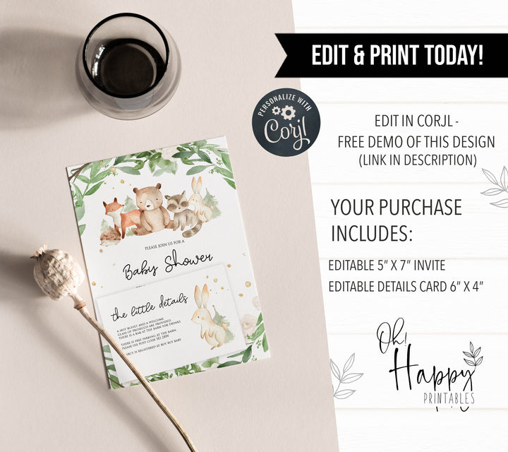 editable woodland animals baby shower invitation, printable woodland animals baby shower invitation, woodland animals baby theme, editable baby shower invitation