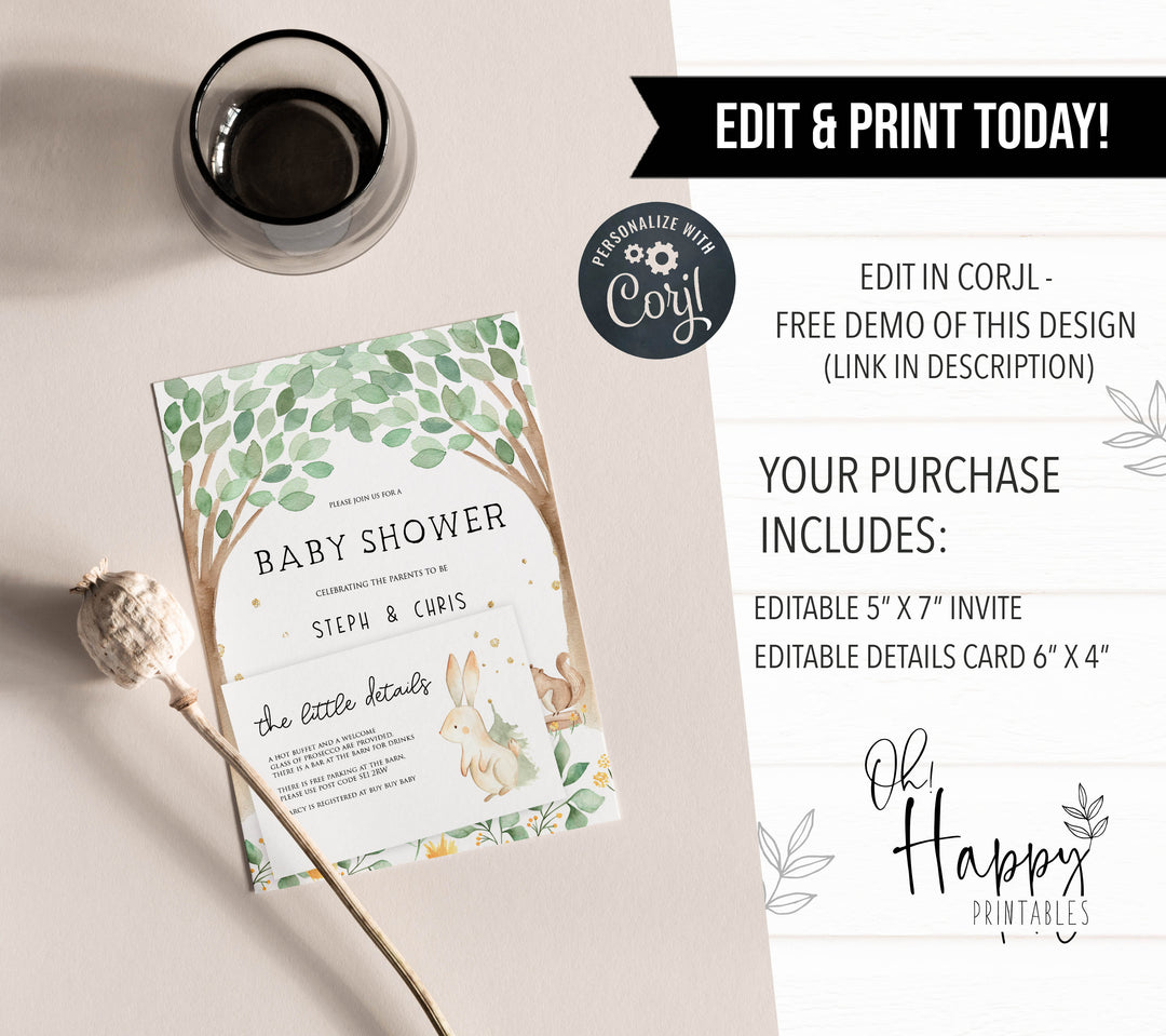 editable baby shower invitations, editable woodland animals baby shower invites, printable baby shower woodland invitations