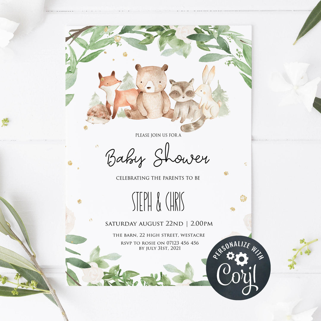 editable woodland animals baby shower invitation, printable woodland animals baby shower invitation, woodland animals baby theme, editable baby shower invitation