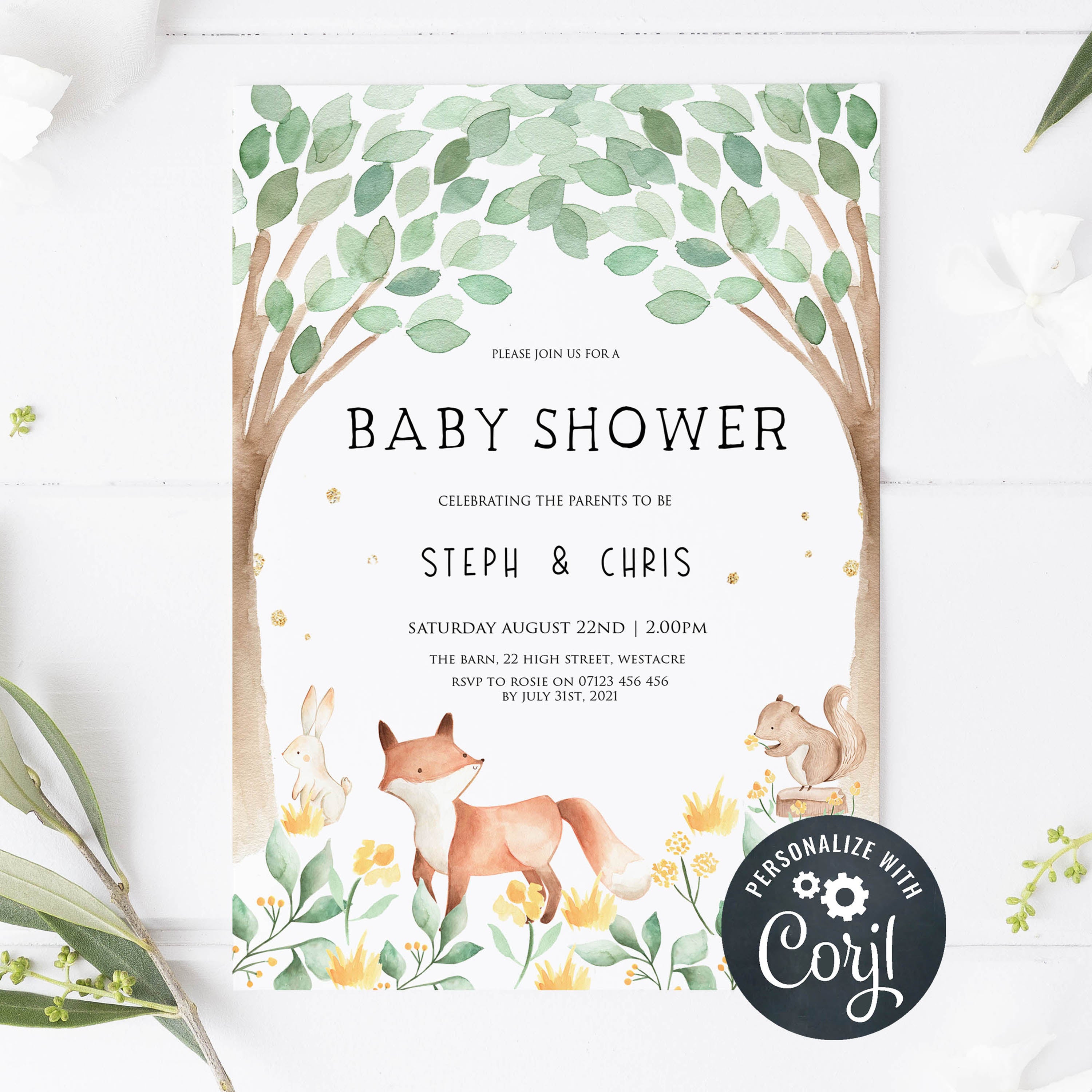 editable baby shower invitations, editable woodland animals baby shower invites, printable baby shower woodland invitations