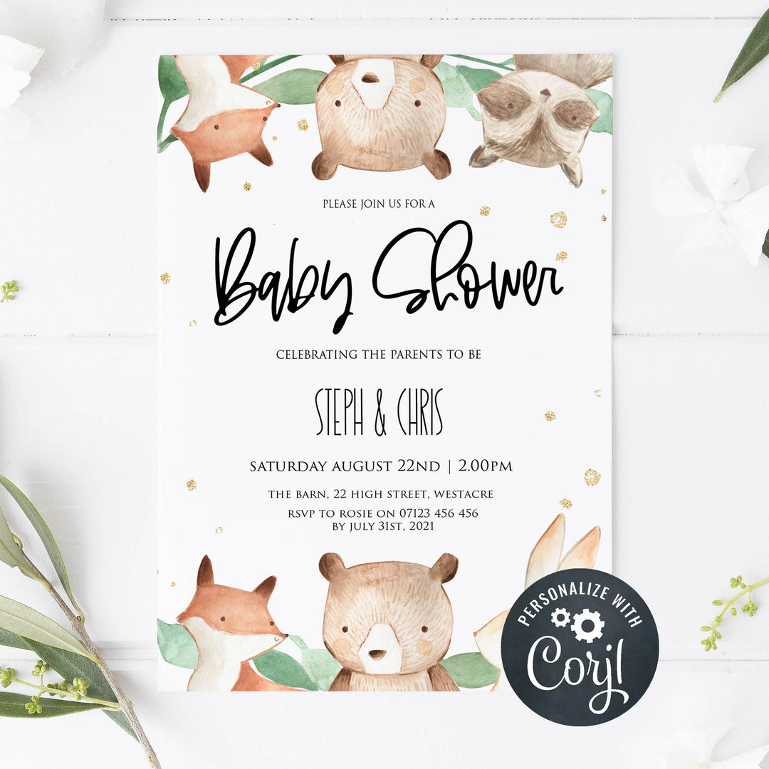 editable woodland baby shower invitations, printable woodland animals baby shower invitations, woodland animals baby shower