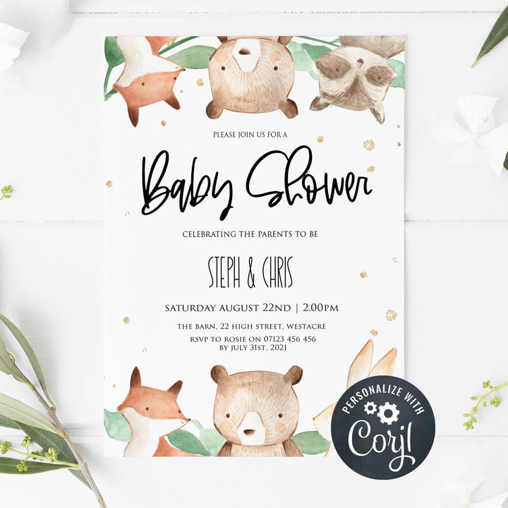 editable woodland baby shower invitations, printable woodland animals baby shower invitations, woodland animals baby shower