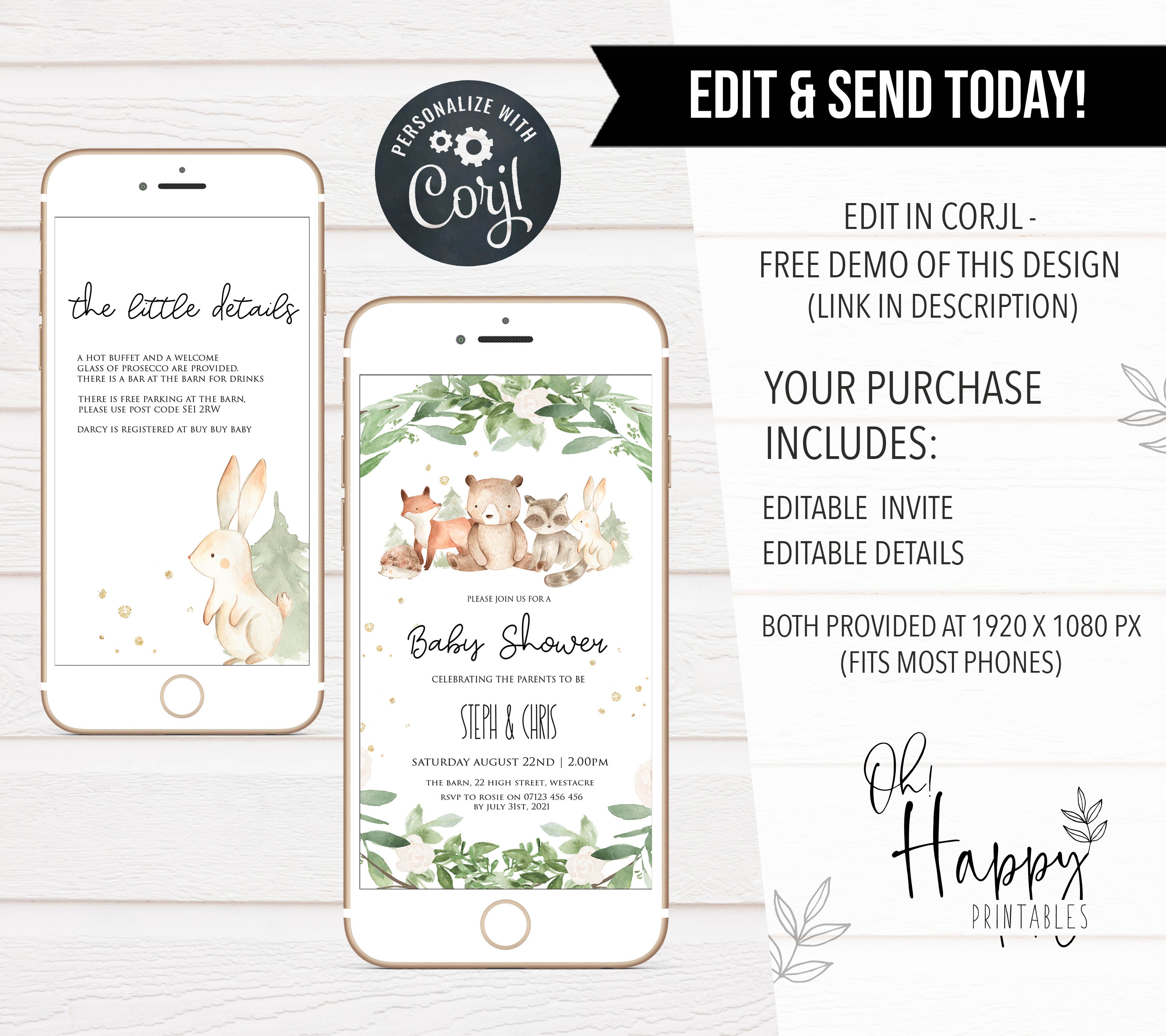 editable woodland animals baby shower invitations, mobile woodland animals baby shower invitations, woodland animals baby theme