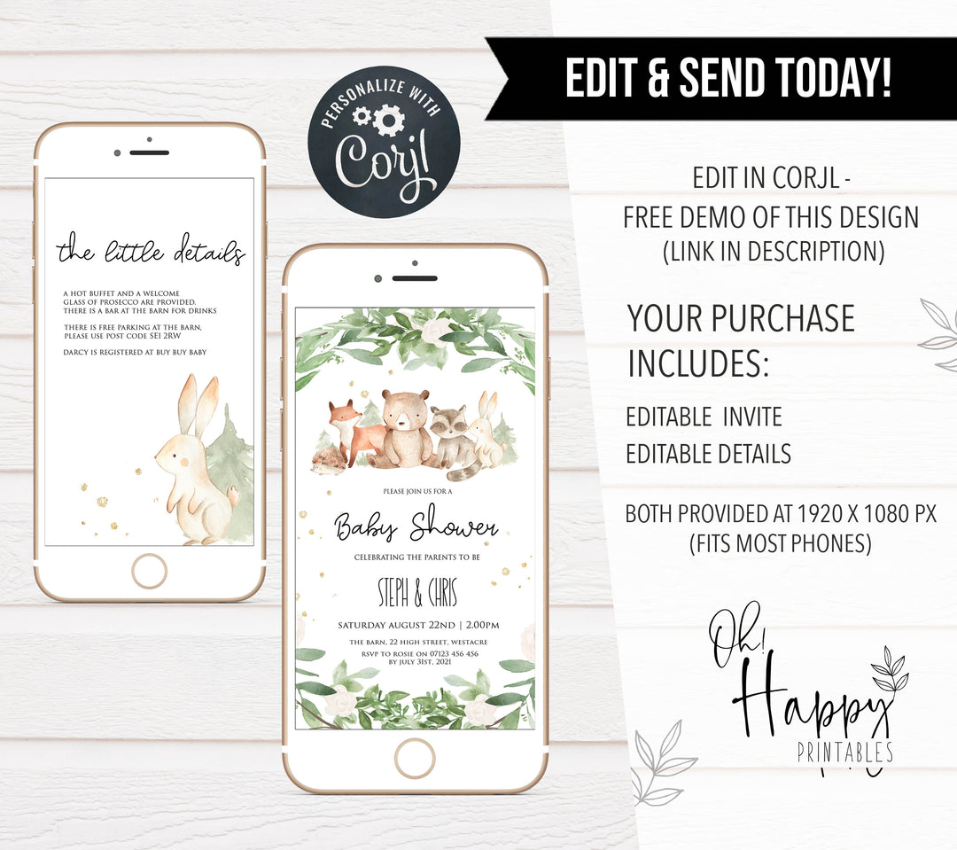 editable woodland animals baby shower invitations, mobile woodland animals baby shower invitations, woodland animals baby theme