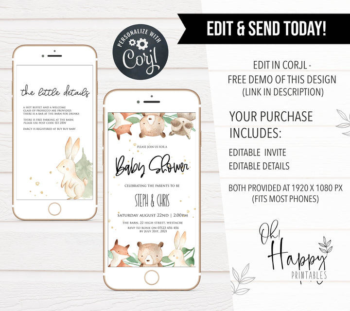 editable woodland animals baby shower invitations, mobile woodland animals baby shower invitations, woodland animals baby theme