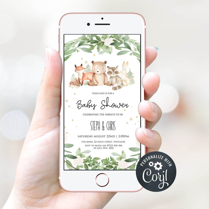 editable woodland animals baby shower invitations, mobile woodland animals baby shower invitations, woodland animals baby theme