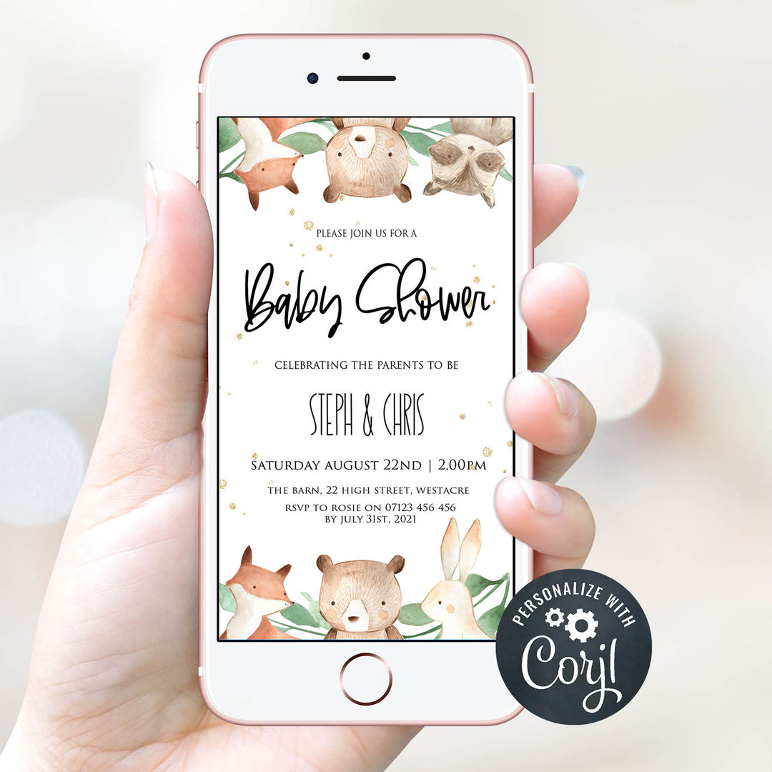 editable woodland animals baby shower invitations, mobile woodland animals baby shower invitations, woodland animals baby theme