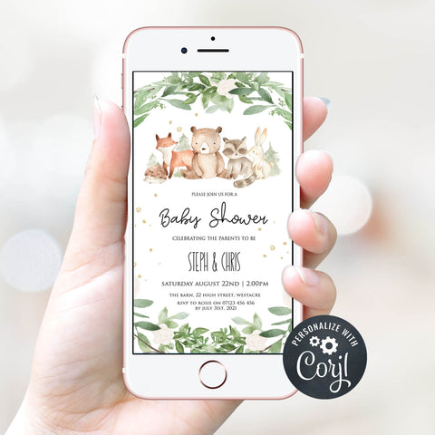 editable woodland animals baby shower invitations, mobile woodland animals baby shower invitations, woodland animals baby theme