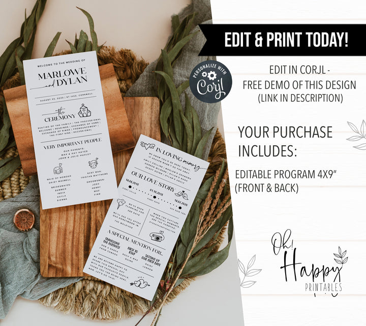 wedding infographic program, printable wedding templates, editable wedding templates, graphic wedding program