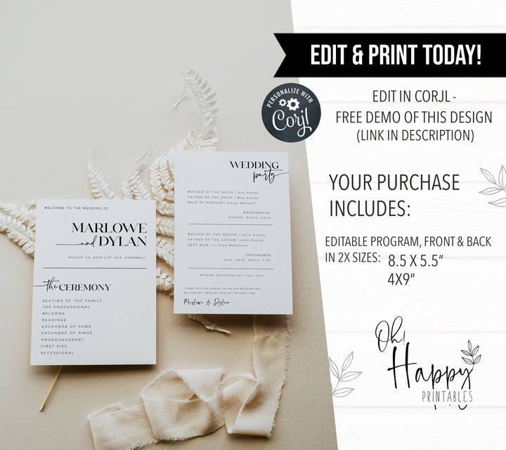 editable wedding program, printable wedding program, DIY wedding stationery, modern wedding stationery, wedding programs