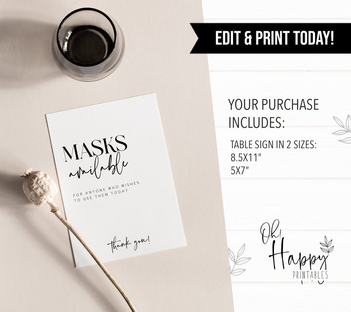 mask available table sign, printable wedding table signs, modern wedding table signs, wedding table decor