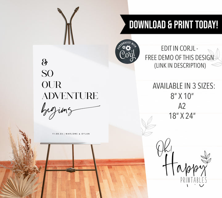 our adventure begins sign, printable wedding signs, editable wedding signs, modern wedding signs, on the day wedding stationery