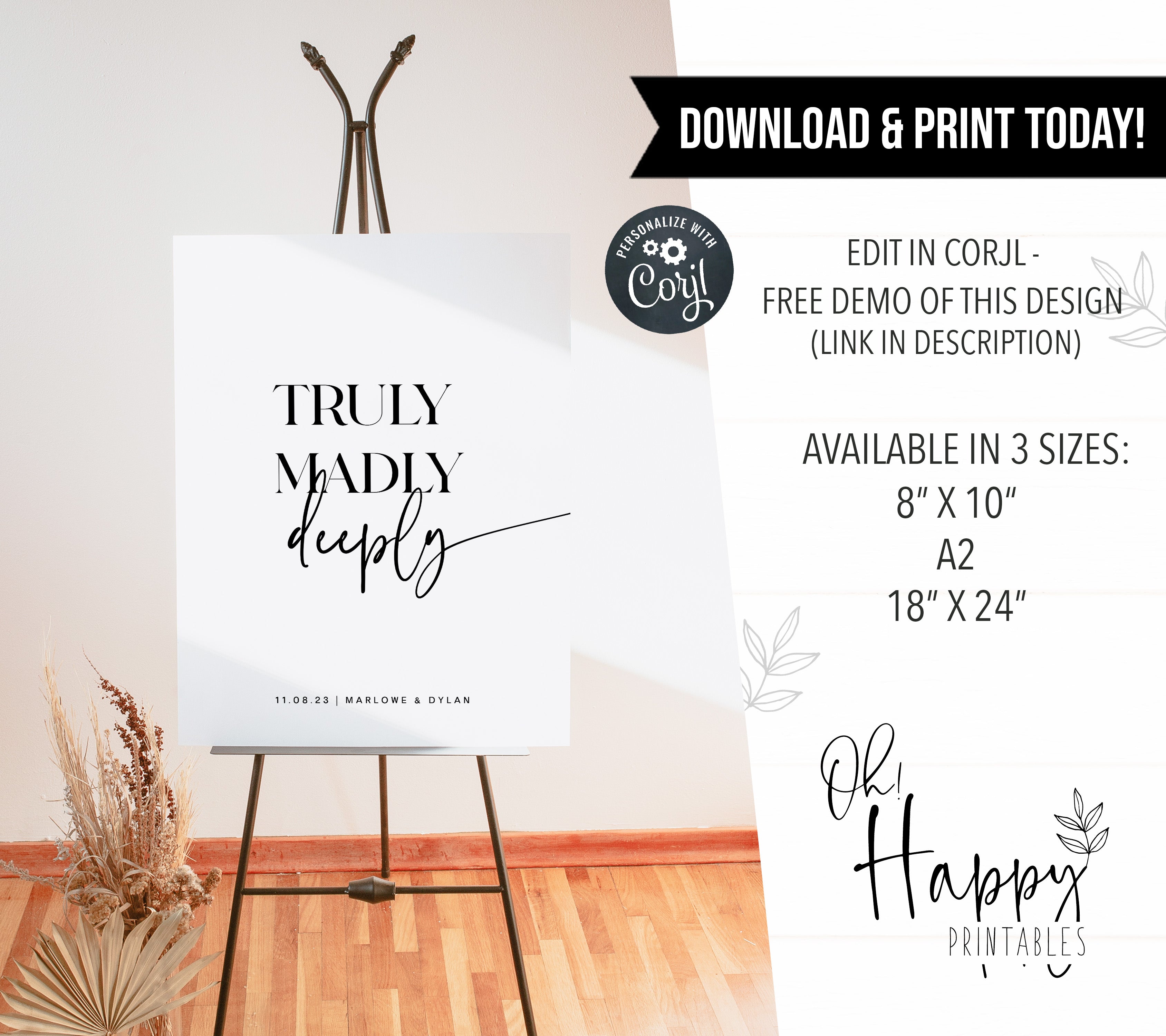 truly madly deeply sign, printable wedding signs, editable wedding signs, modern wedding signs, on the day wedding stationery