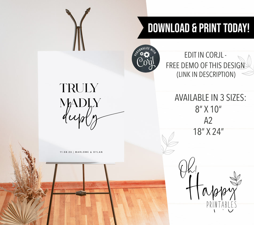 truly madly deeply sign, printable wedding signs, editable wedding signs, modern wedding signs, on the day wedding stationery