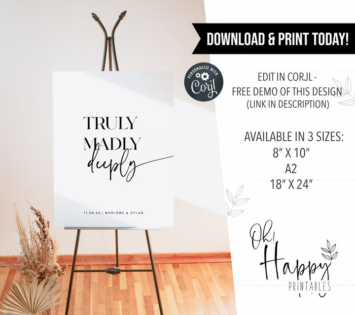truly madly deeply sign, printable wedding signs, editable wedding signs, modern wedding signs, on the day wedding stationery