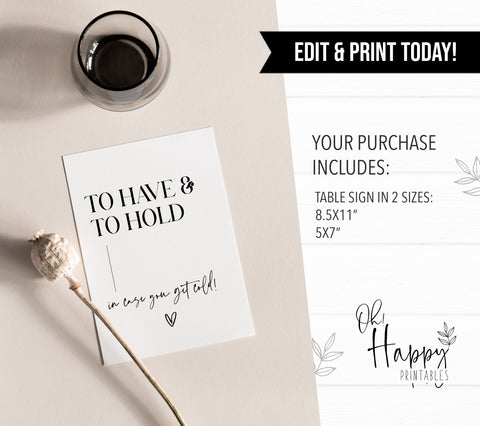 in case you get cold table sign, printable wedding table signs, modern wedding table signs, wedding table decor