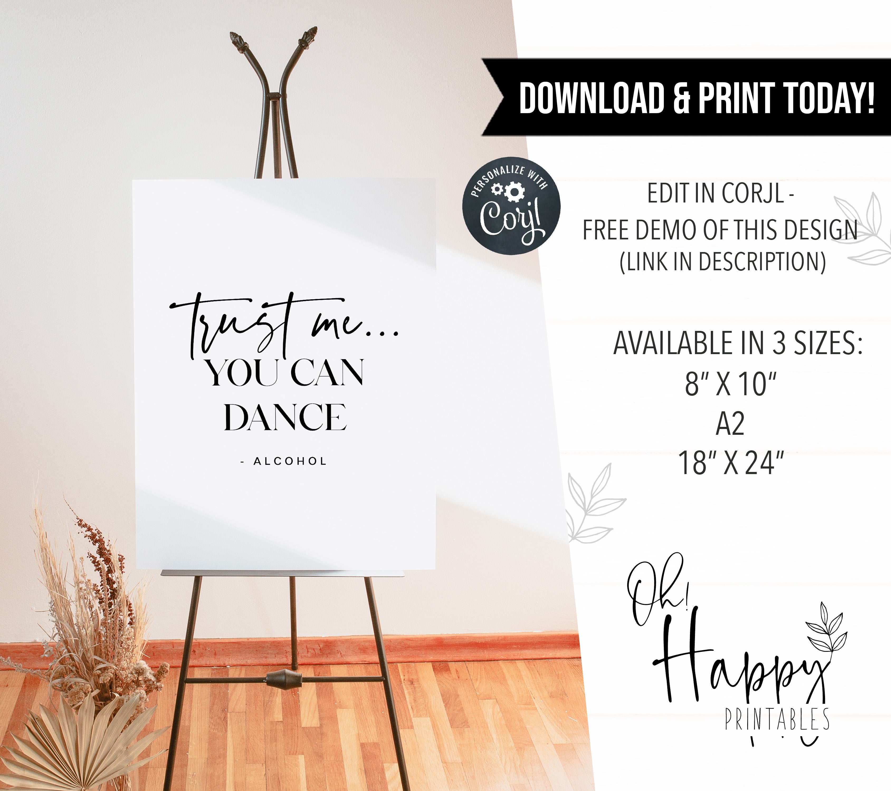 trust me your can dance sign, printable wedding signs, editable wedding signs, modern wedding signs, on the day wedding stationery