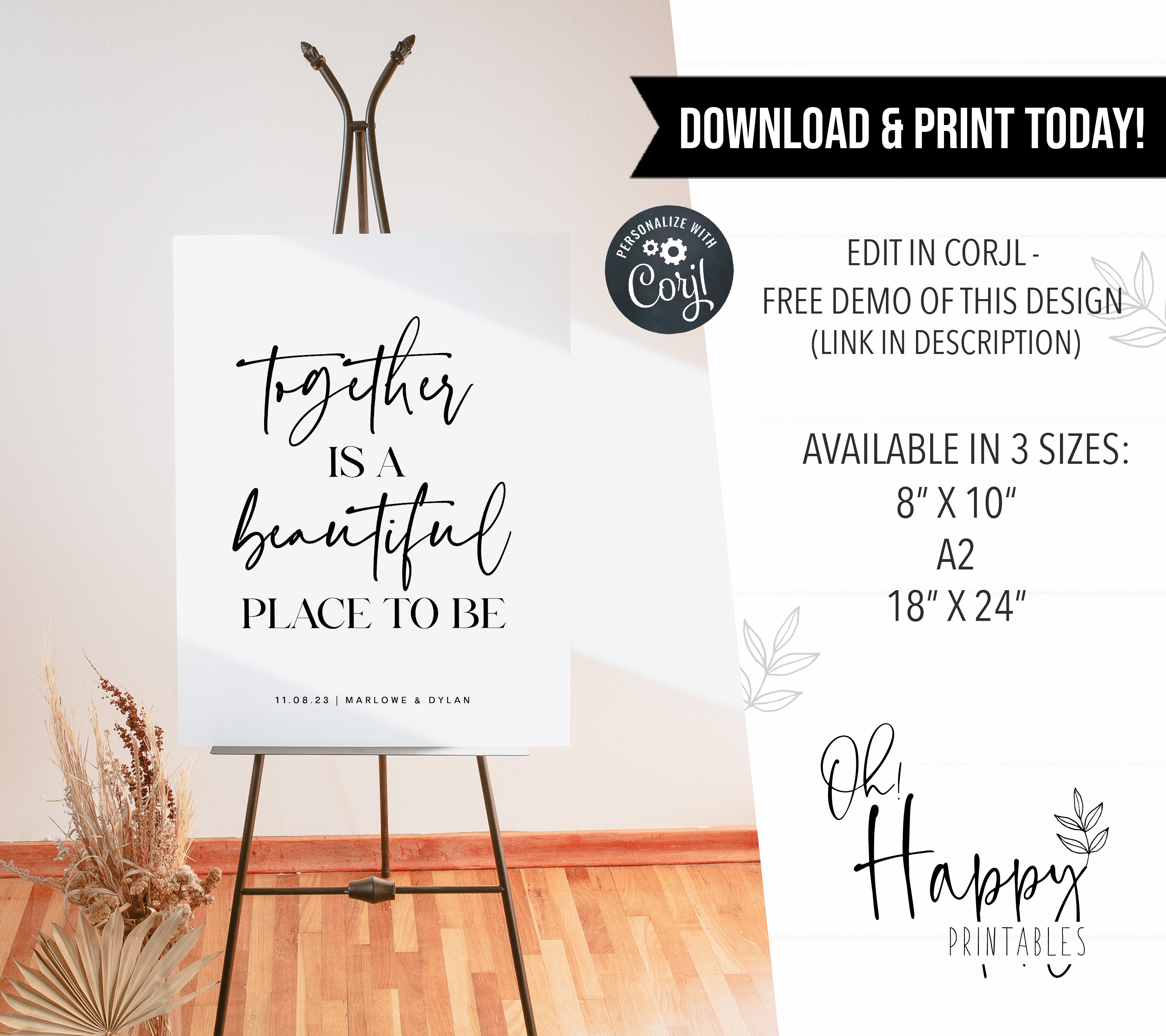 together is beautiful sign, printable wedding signs, editable wedding signs, modern wedding signs, on the day wedding stationery