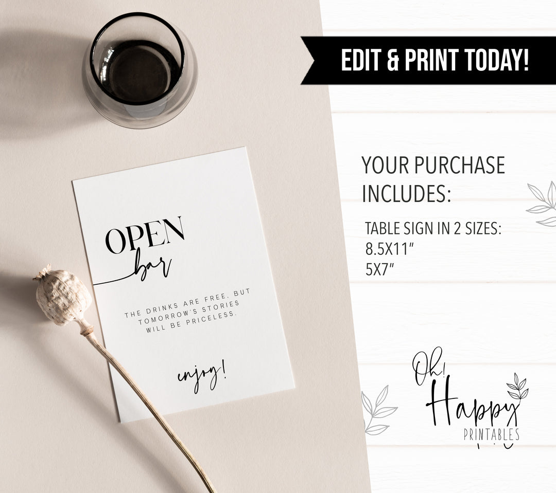 open bar table sign, printable wedding table signs, modern wedding table signs, wedding table decor