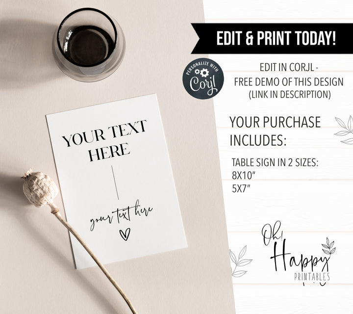 editable custom sign table sign, printable wedding table signs, modern wedding table signs, wedding table decor
