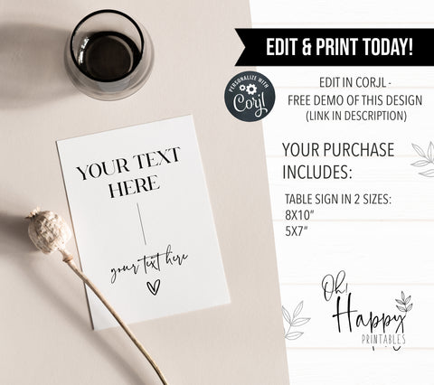editable custom sign table sign, printable wedding table signs, modern wedding table signs, wedding table decor