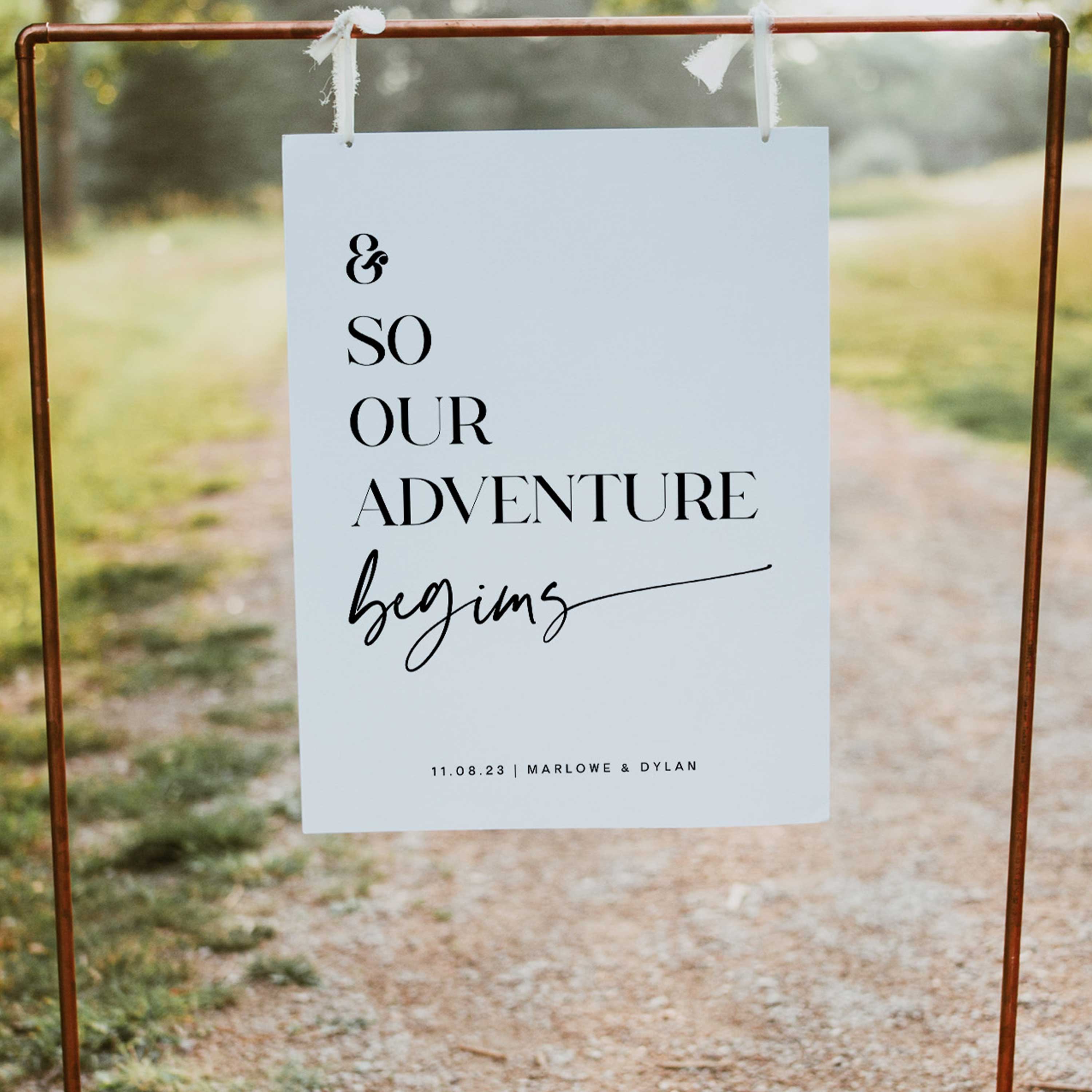 our adventure begins sign, printable wedding signs, editable wedding signs, modern wedding signs, on the day wedding stationery