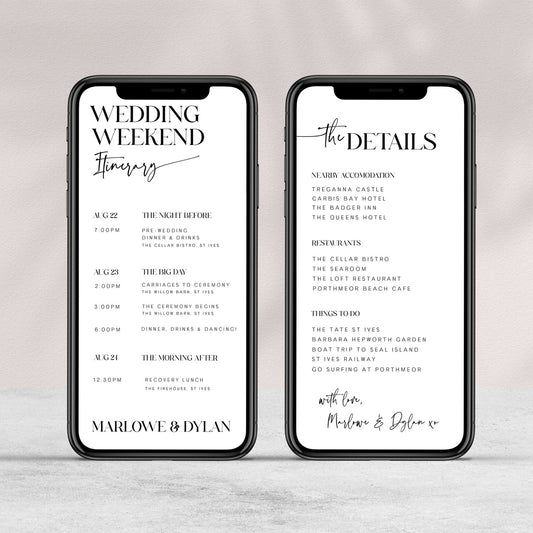 editable weekend wedding itinerary, mobile wedding itinerary, diy wedding stationery, mobile wedding stationery 