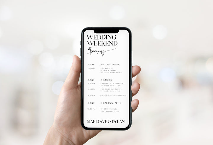 editable weekend wedding itinerary, mobile wedding itinerary, diy wedding stationery, mobile wedding stationery 