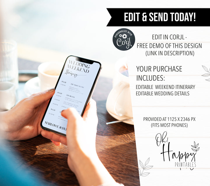 editable weekend wedding itinerary, mobile wedding itinerary, diy wedding stationery, mobile wedding stationery 