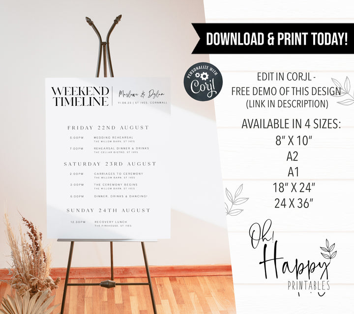 weekend wedding timeline, printable wedding timeline, editable wedding timeline, DIY wedding stationery, modern wedding stationery, editable wedding stationery