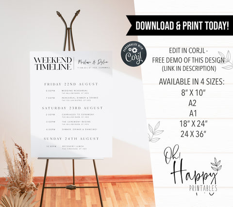 weekend wedding timeline, printable wedding timeline, editable wedding timeline, DIY wedding stationery, modern wedding stationery, editable wedding stationery