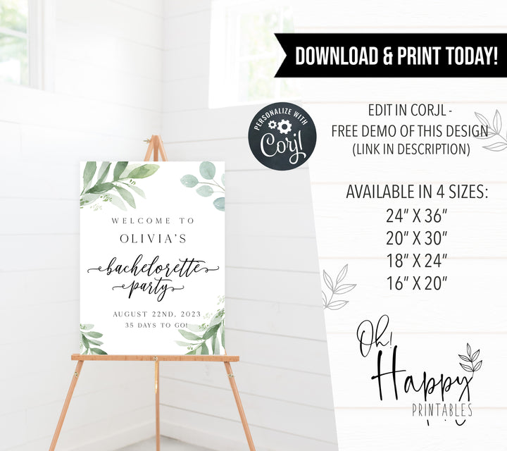 editable bachelorette party signs, greenery bachelorette signs, bachelorette welcome signs, greenery bridal shower