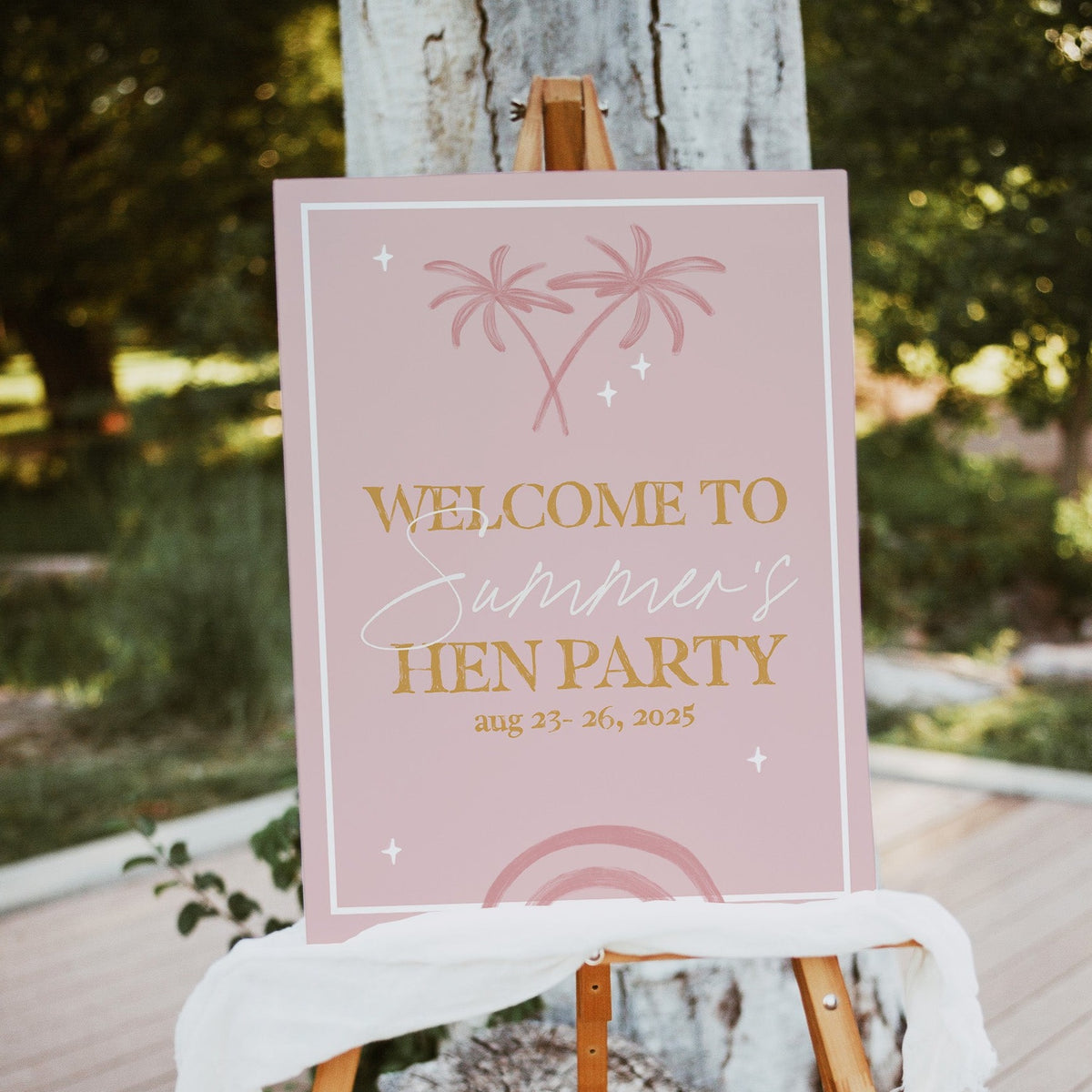Fully editable and printable hen party weekend welcome sign with a Palm Springs design. Perfect for a Palm Springs bridal shower themed party