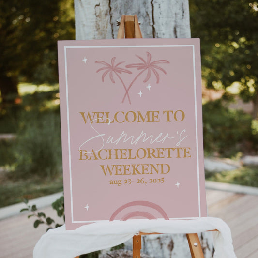 Fully editable and printable bachelorette weekend welcome sign with a Palm Springs design. Perfect for a Palm Springs bridal shower themed party