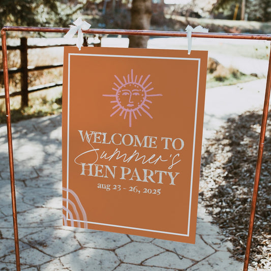 Fully editable and printable hen party weekend welcome sign with a Palm Springs design. Perfect for a Palm Springs bridal shower themed party