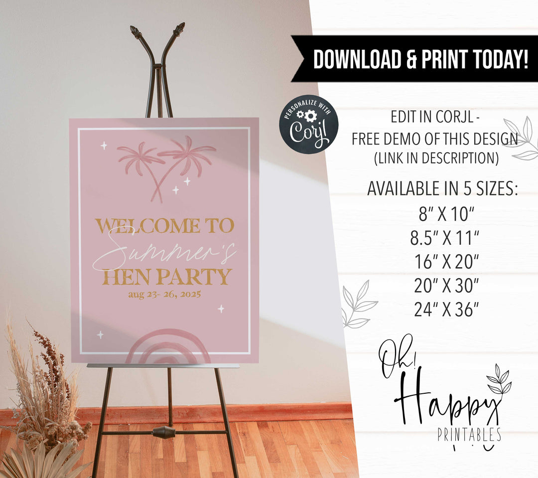 Fully editable and printable hen party weekend welcome sign with a Palm Springs design. Perfect for a Palm Springs bridal shower themed party