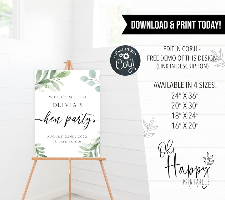 editable hen party welcome sign, printable hen party welcome sign, greenery hen party theme, floral hen party signs