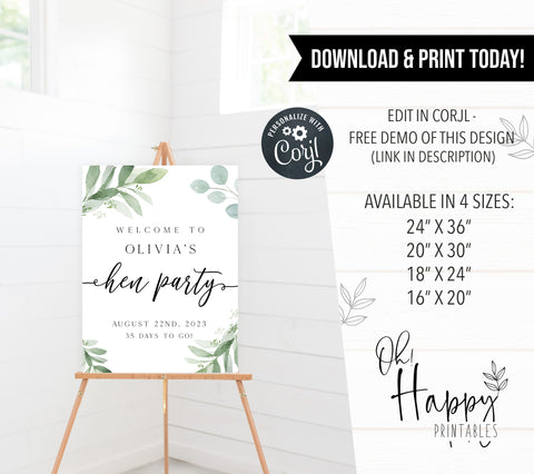 editable hen party welcome sign, printable hen party welcome sign, greenery hen party theme, floral hen party signs