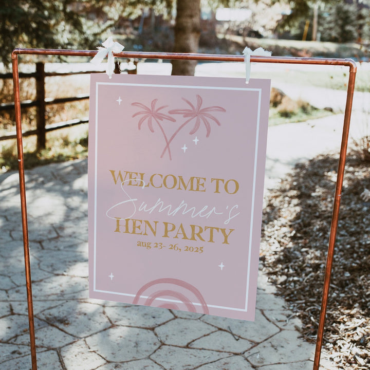 Fully editable and printable hen party weekend welcome sign with a Palm Springs design. Perfect for a Palm Springs bridal shower themed party