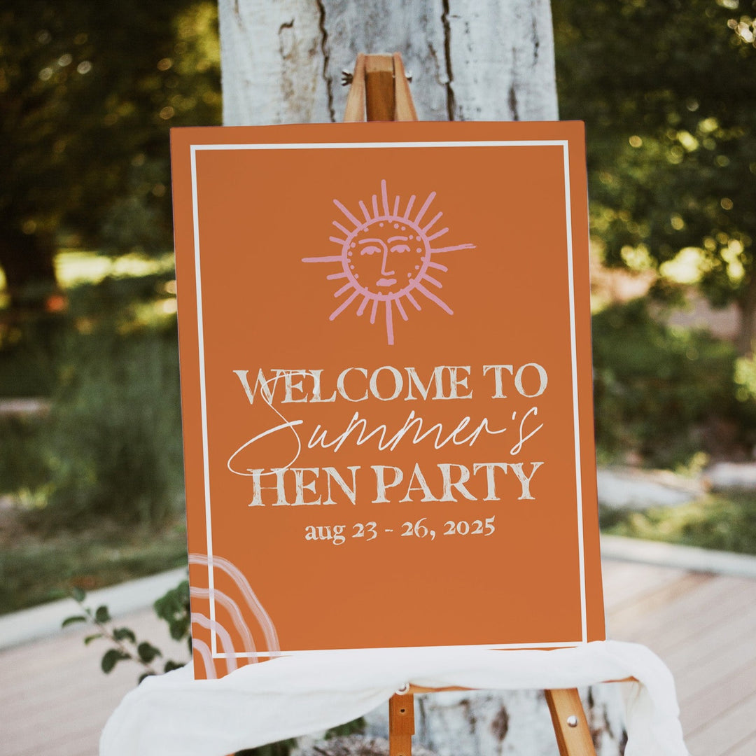 Fully editable and printable hen party weekend welcome sign with a Palm Springs design. Perfect for a Palm Springs bridal shower themed party