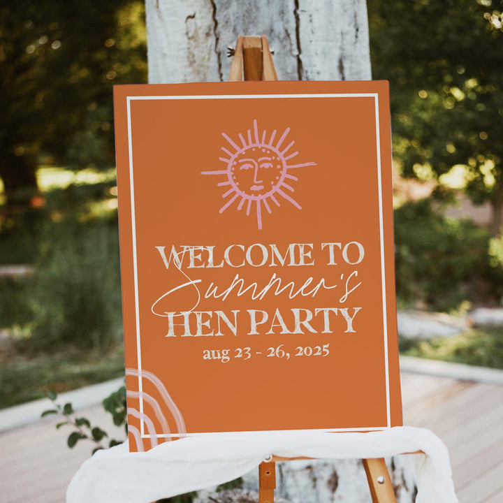 Fully editable and printable hen party weekend welcome sign with a Palm Springs design. Perfect for a Palm Springs bridal shower themed party