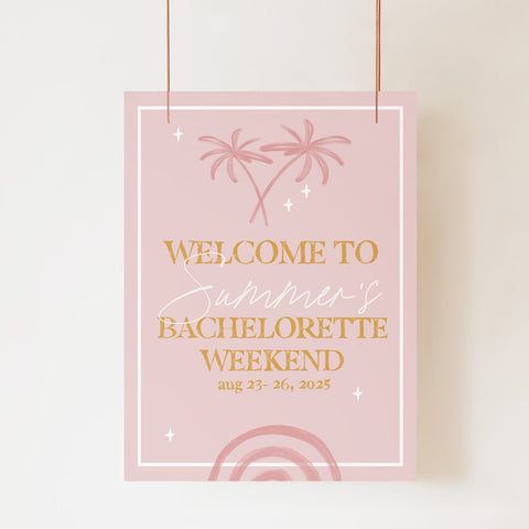 Fully editable and printable bachelorette weekend welcome sign with a Palm Springs design. Perfect for a Palm Springs bridal shower themed party
