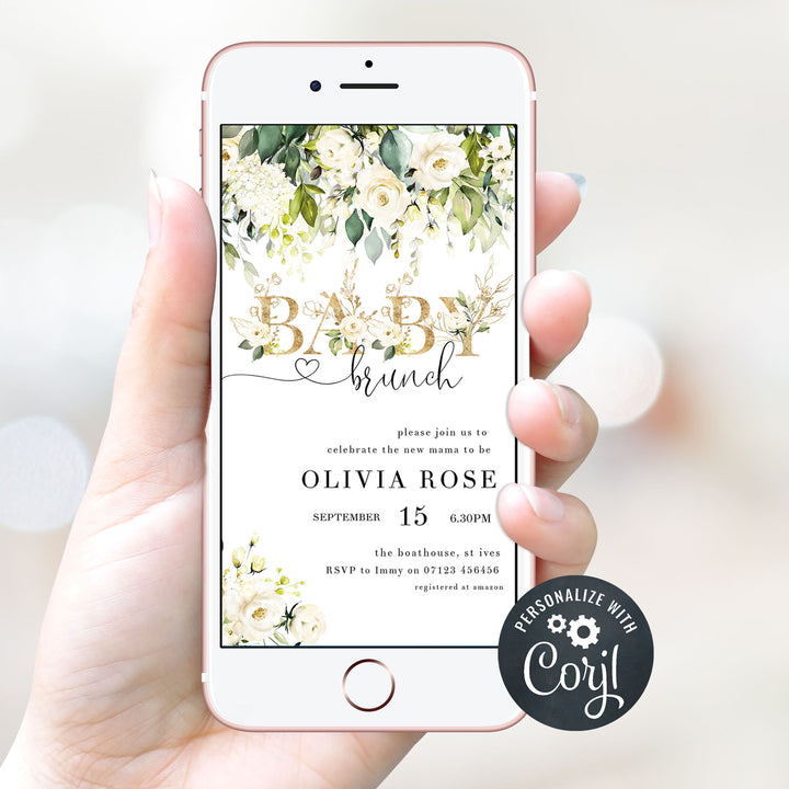 white floral baby shower invitations, printable baby shower invitations, editable baby shower invitations, floral baby invites, white floral baby mobile invitations