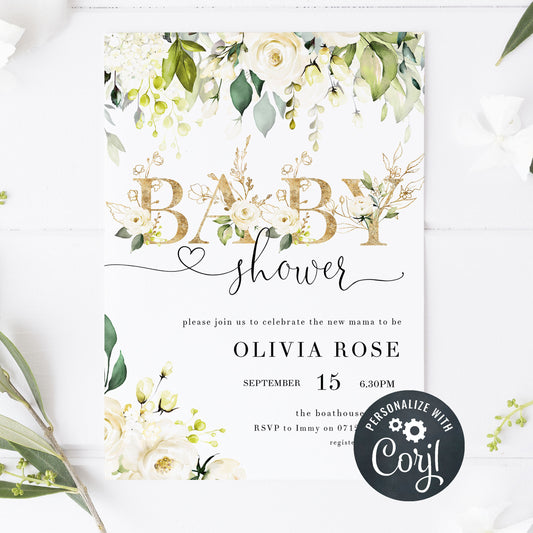 white floral baby shower invitations, printable baby shower invitations, editable baby shower invitations, floral baby invites, white floral baby mobile invitations