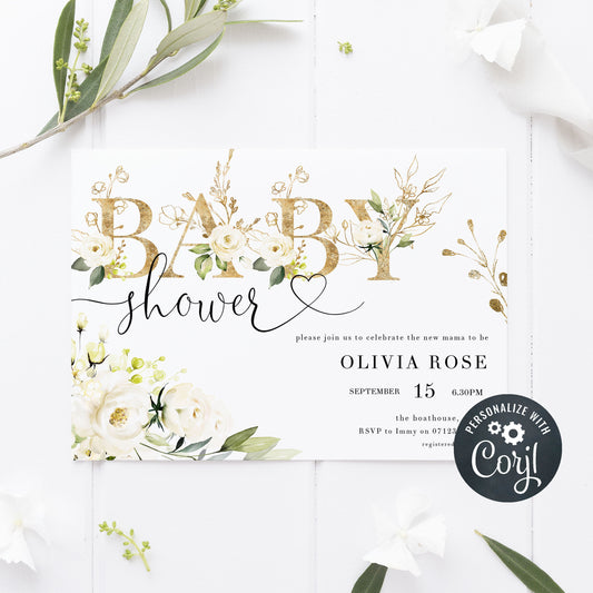 white floral baby shower invitations, printable baby shower invitations, editable baby shower invitations, floral baby invites, white floral baby mobile invitations