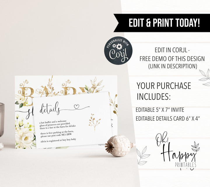 white floral baby shower invitations, printable baby shower invitations, editable baby shower invitations, floral baby invites, white floral baby mobile invitations