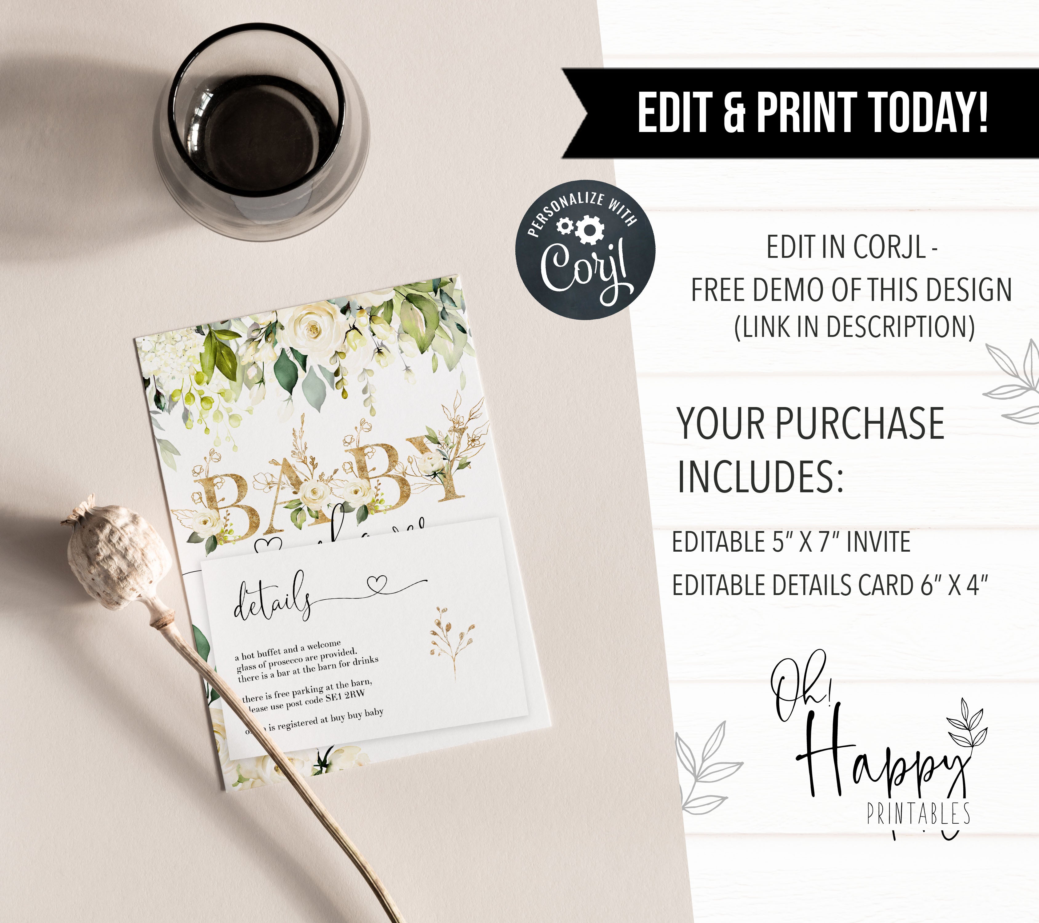 white floral baby shower invitations, printable baby shower invitations, editable baby shower invitations, floral baby invites, white floral baby mobile invitations