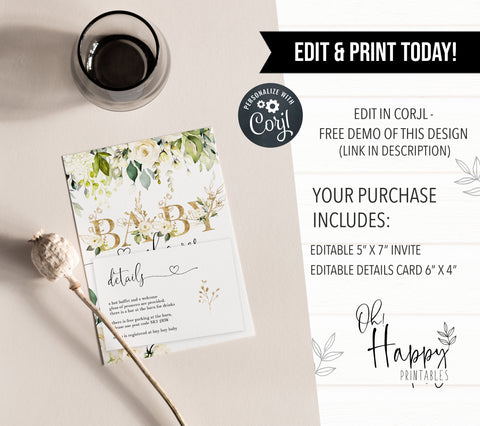 white floral baby shower invitations, printable baby shower invitations, editable baby shower invitations, floral baby invites, white floral baby mobile invitations
