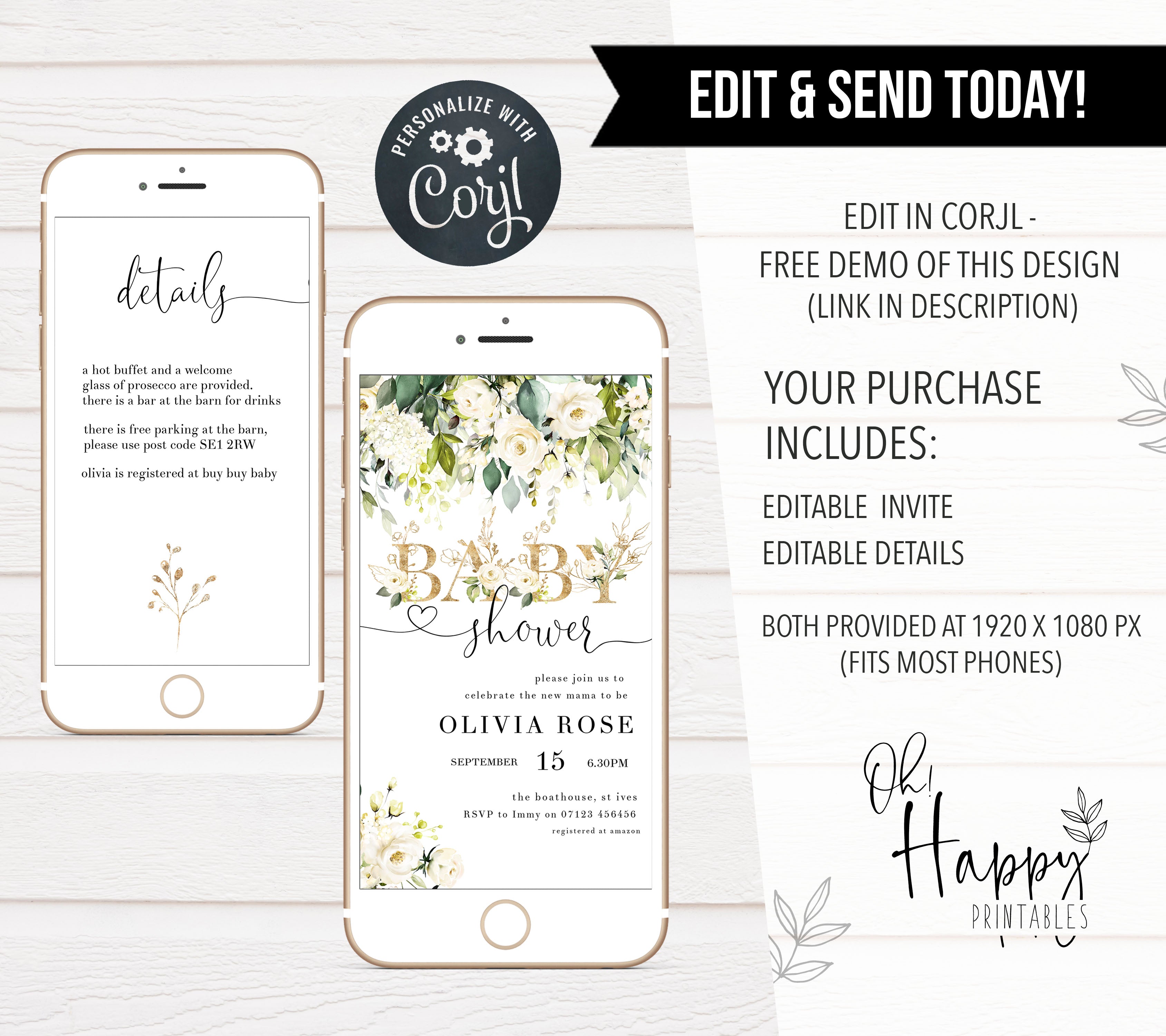 white floral baby shower invitations, printable baby shower invitations, editable baby shower invitations, floral baby invites, white floral baby mobile invitations