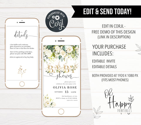 white floral baby shower invitations, printable baby shower invitations, editable baby shower invitations, floral baby invites, white floral baby mobile invitations